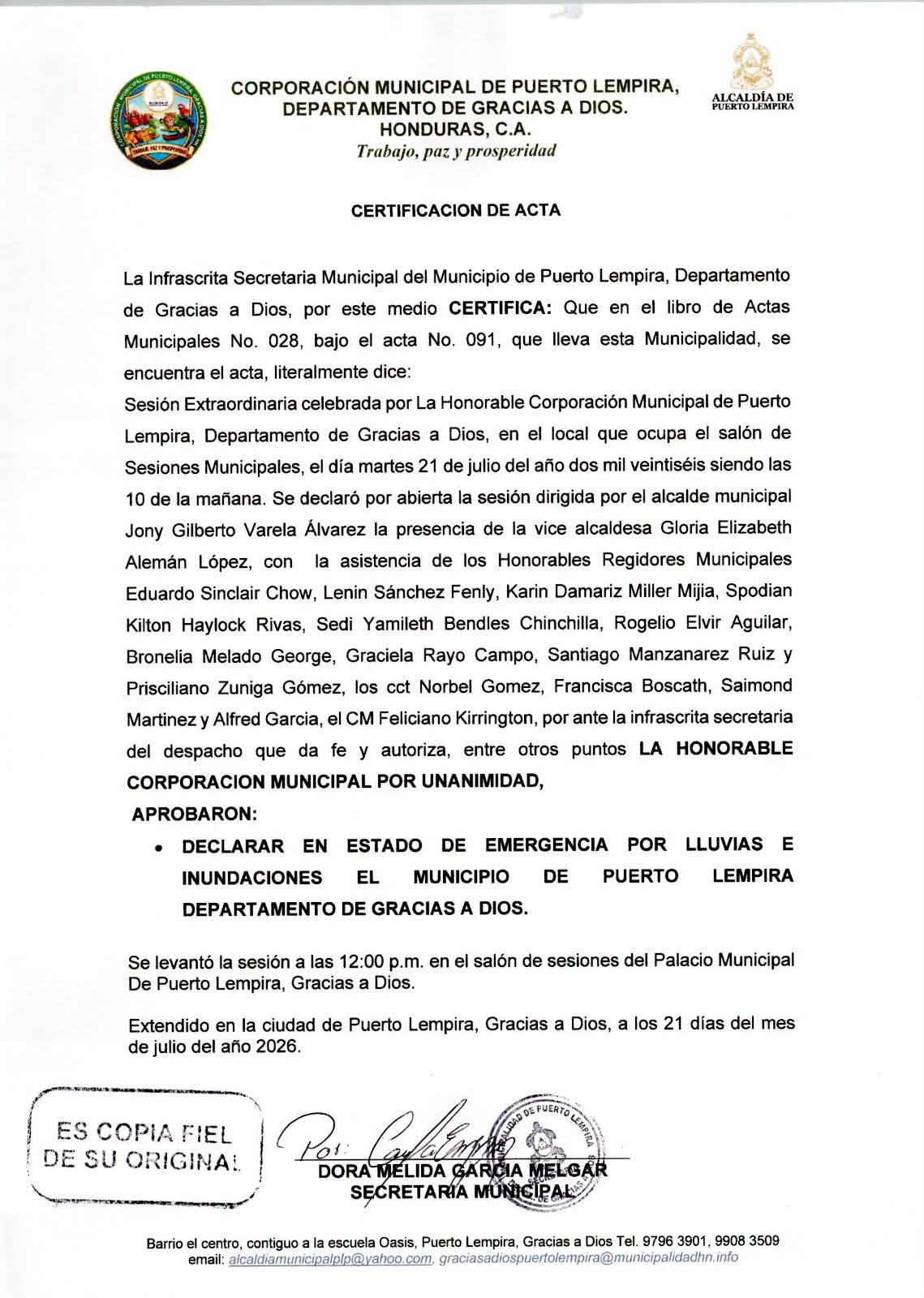 En sesión extraordinaria se aprobó declarar estado de emergencia al municipio de Puerto Lempira.