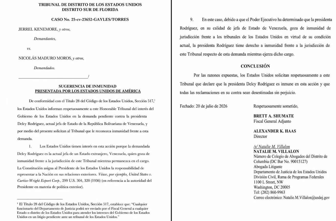 Carta de sugerencia de inmunidad para Delcy Rodríguez.