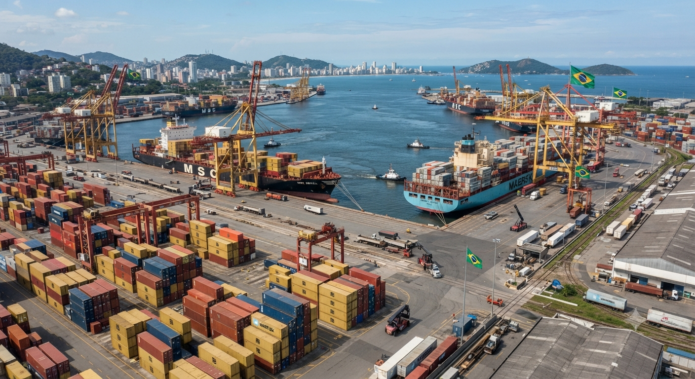 Buques cargueros y contenedores en un puerto brasileño.