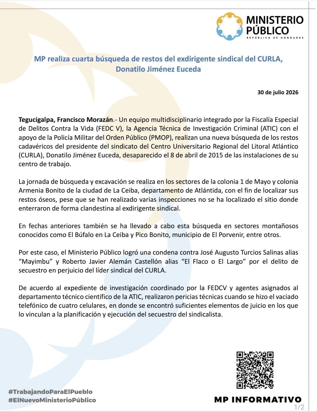 Comunicado Oficial del Ministerio Público.