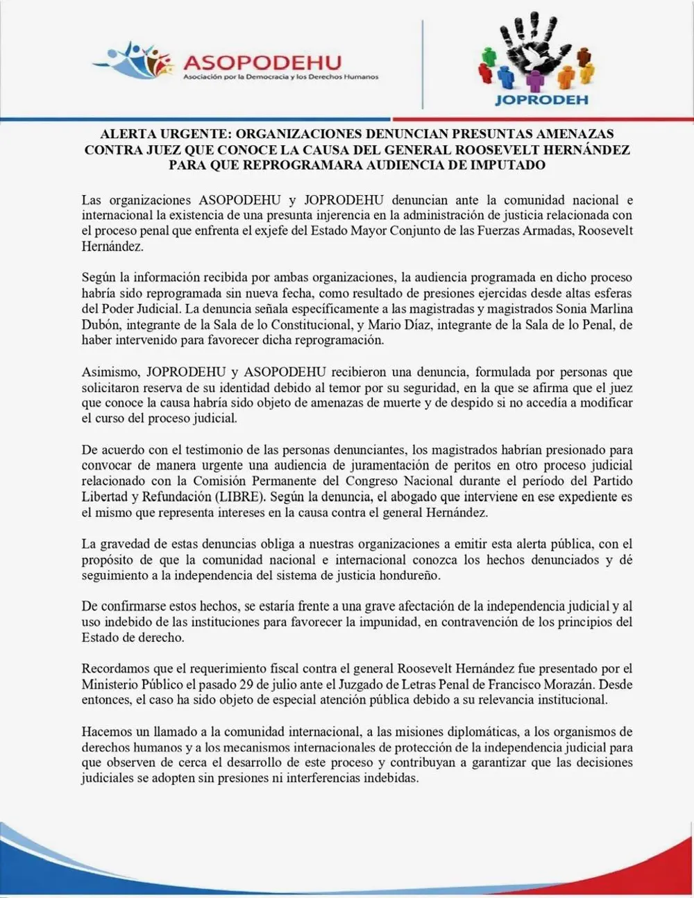 Defensores de derechos humanos pidieron investigar las denuncias y proteger la autonomía del Poder Judicial.