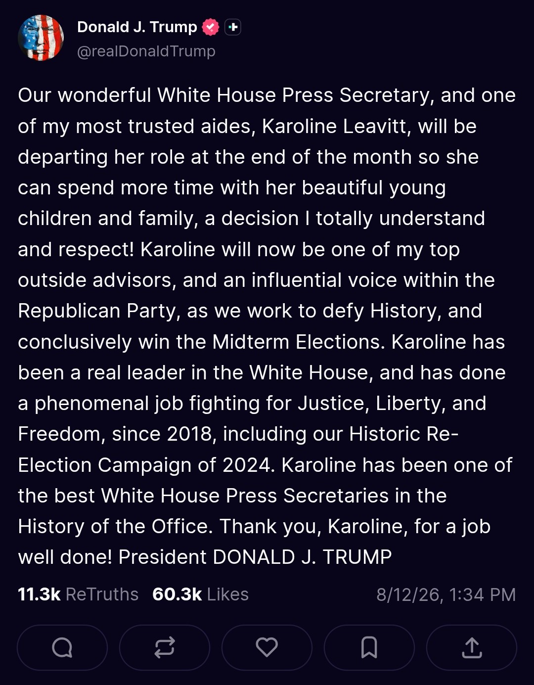 Post oficial de Trump en Truth Social