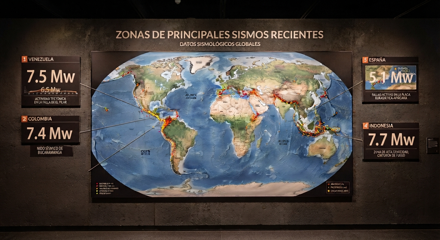 Zonas de actividad sísmica reciente: Distribución geográfica de los sismos más destacados en Venezuela, Colombia, Indonesia y España.