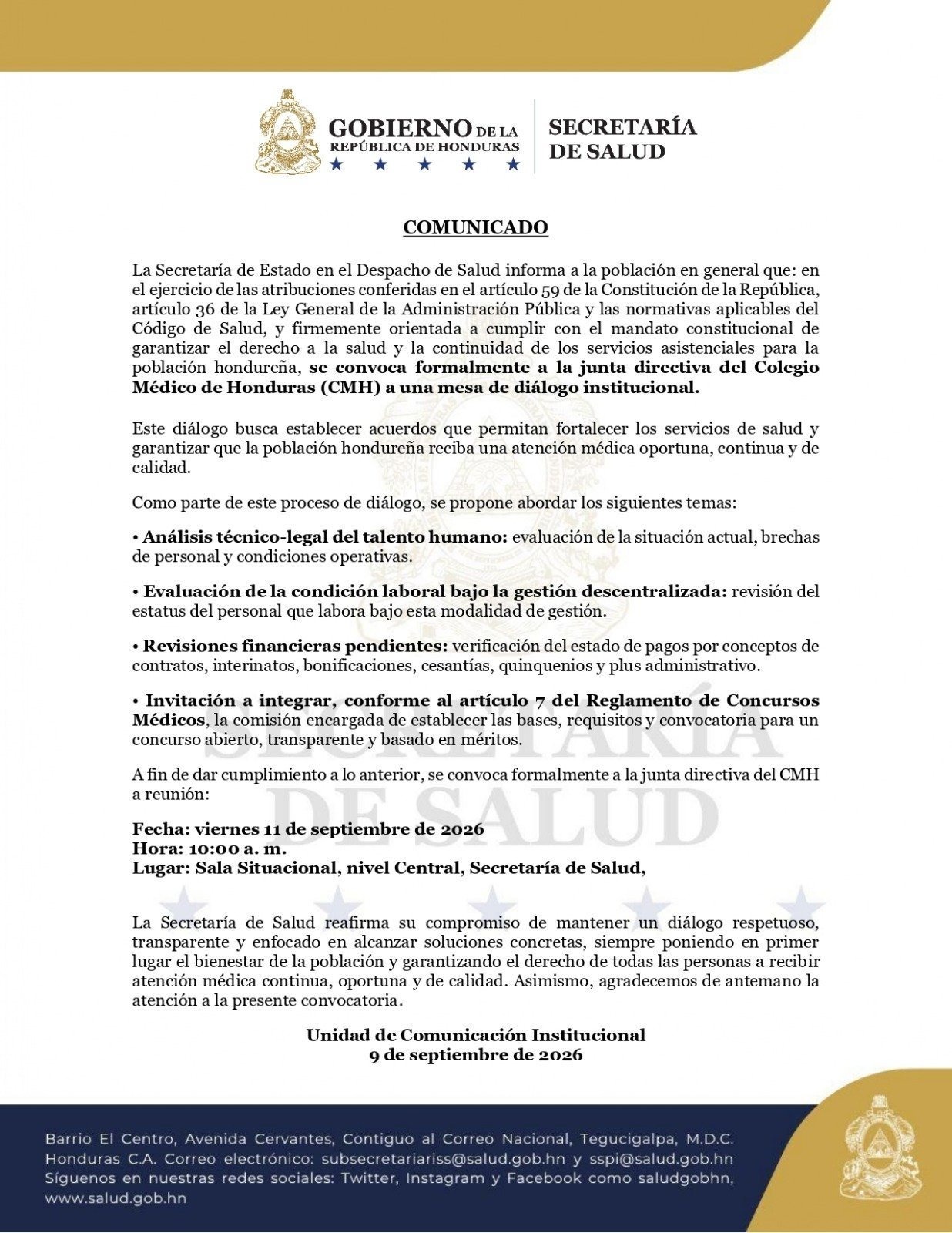 Convocatoria de la Sesal al Colegio Médico.