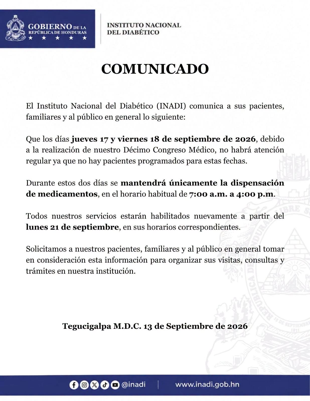 Comunicado oficial de la Institución Nacional del Diabético (Inadi).