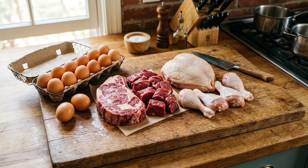Una tabla con carnes rojas, pollo y huevos.