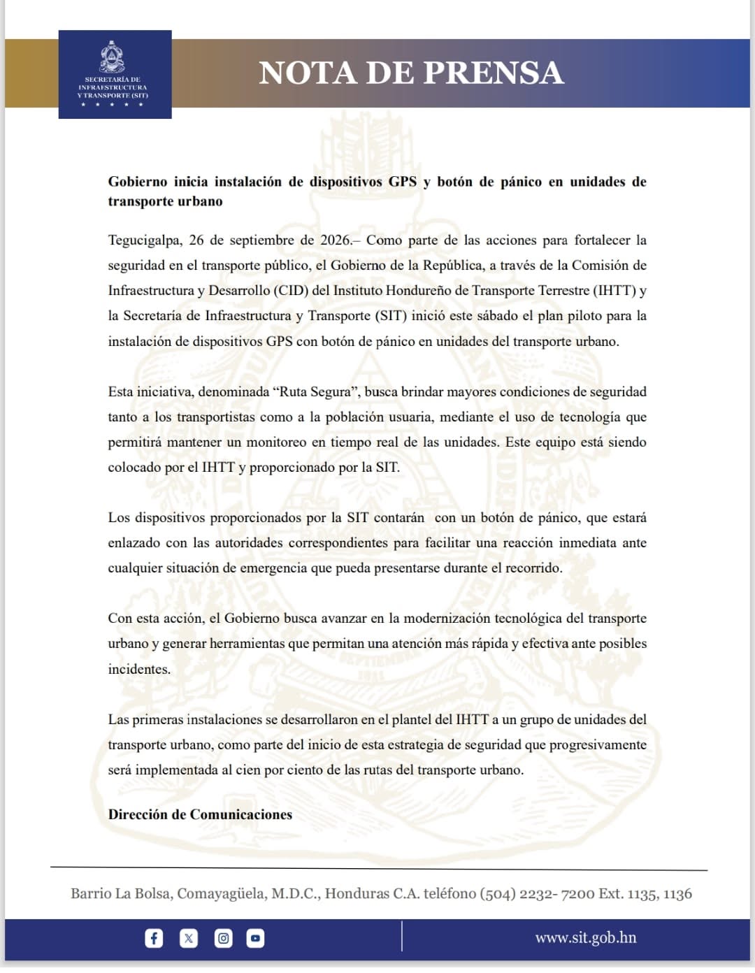 Comunicado de la SIT