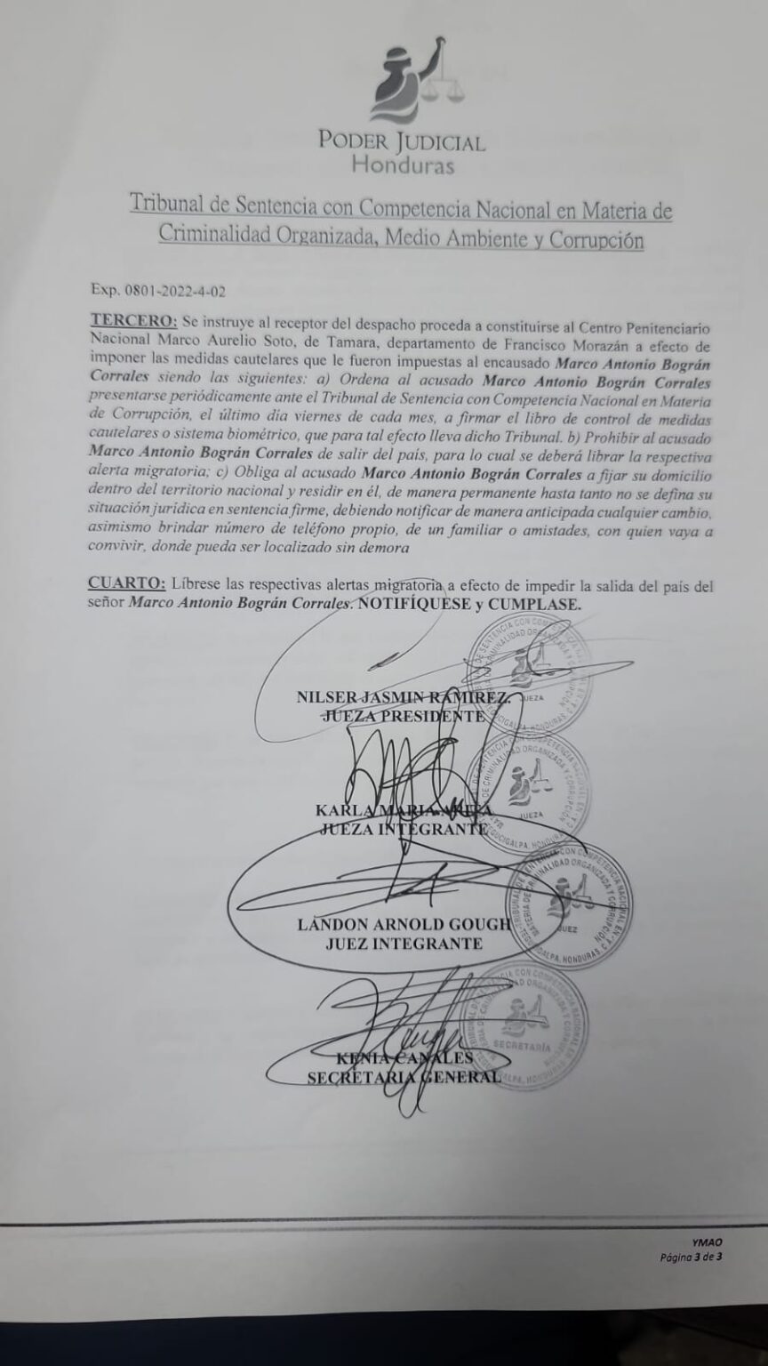 Aunque se modificó la medida de prisión preventiva en el caso de las mascarillas, Bográn permanece privado de libertad por el proceso relacionado con la compra
