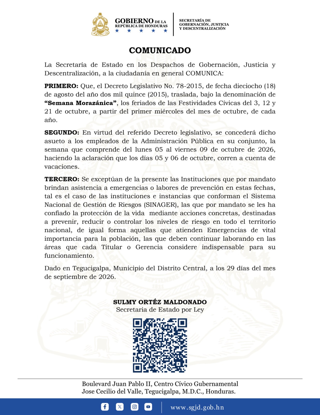 Comunicado emitido por la Secretaría de Gobernación, Justicia y Descentralización.