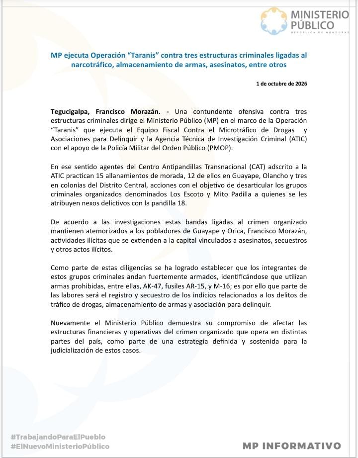 Comunicado oficial del MP tras los allanamientos.