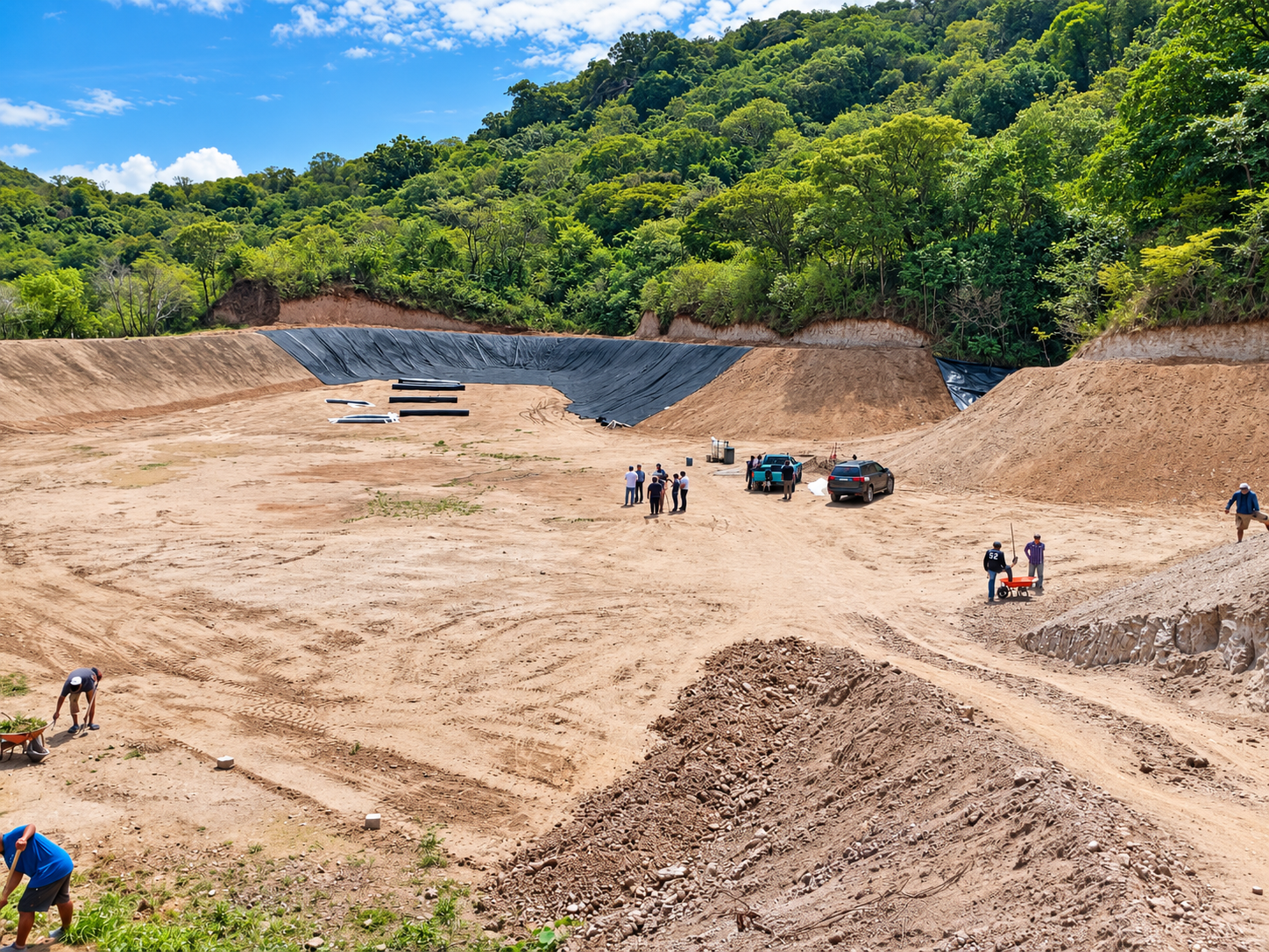 Obras de embalse entre colinas verdes.png