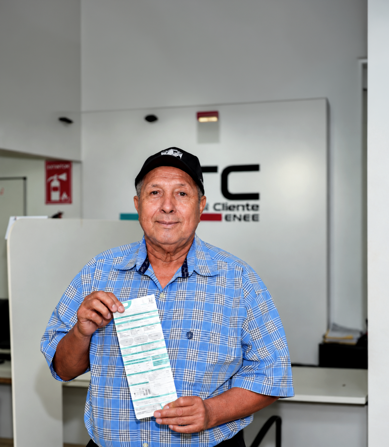 Cliente sonriente con factura en oficina ENEE.png